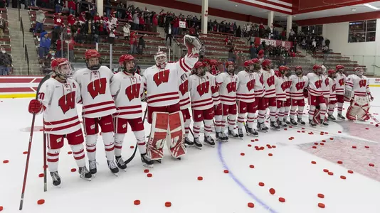 Wisconsin BadgersWisconsin Badgers sing “Varsity” after an NCAA women’s college ice hockey game against the Minnesota State Mavericks, Saturday, Feb. 12, 2022, in Madison, Wis. The Badgers won 7-2. (Photo by David Stluka/Wisconsin Athletic Communications)