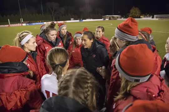 Paula Wilkins coaching Wisconsin women's soccer vs. Marquette 2016