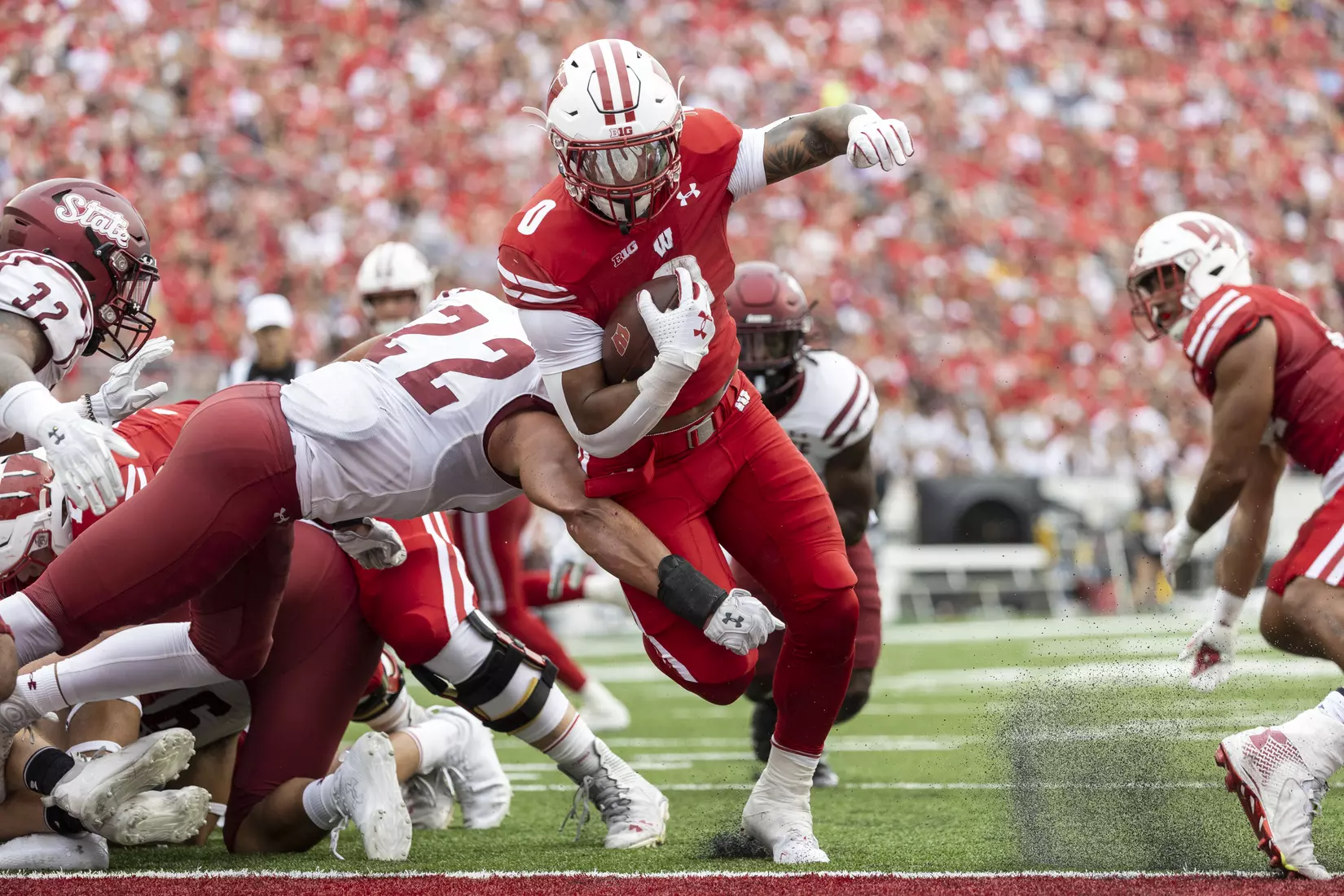 Braelon Allen goes in for a touchdown in the Wisconsin Badgers game against the New Mexico State Aggies, Saturday, Sept. 17, 2022 in Madison, Wis.