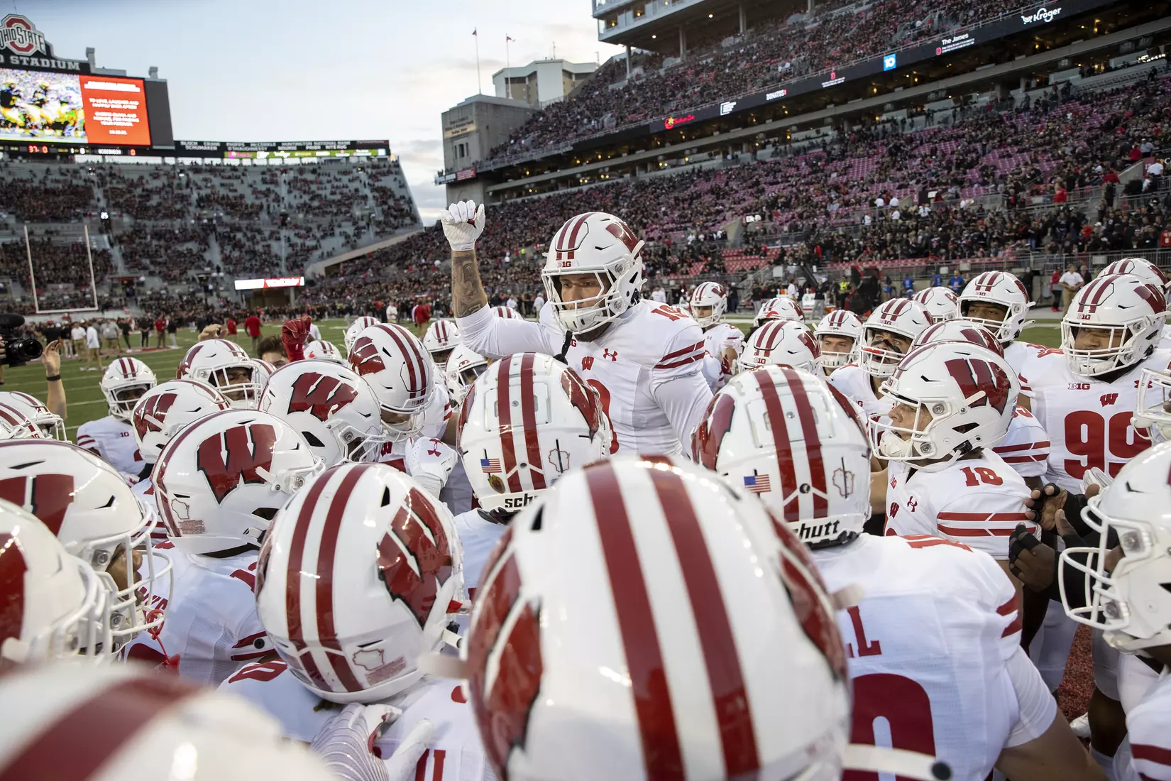 Wisconsin Badgers warmup prior to an NCAA college football game against the Ohio State Buckeyes, Saturday, Sept. 24, 2022 in Columbus, Ohio. (Photo by David Stluka/Wisconsin Athletic Communications)