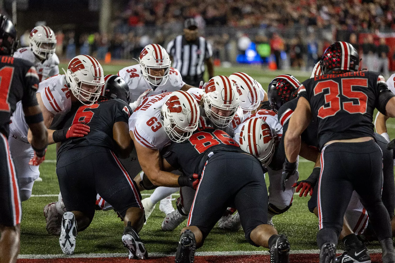 Wisconsin Badgers linemen during an NCAA college football game against the Ohio State Buckeyes, Saturday, Sept. 24, 2022 in Columbus, Ohio. (Photo by David Stluka/Wisconsin Athletic Communications)