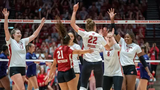 The Badgers celebrate a point on the court.