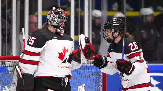 Ann-Renee Desbiens and Emily Clark at the 2022 IIHF Women's World Championship