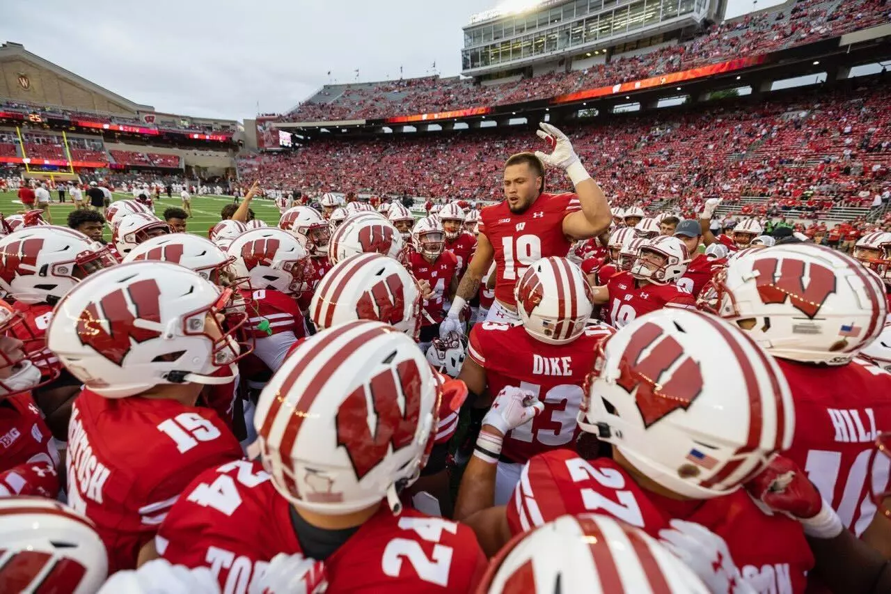 Wisconsin Badgers Nick Herbig fires up his teammates before kickoff of the first game of the football season against the Illinois State Redbirds, Saturday, Sept. 3, 2022 at Camp Randall Stadium in Madison, Wis.