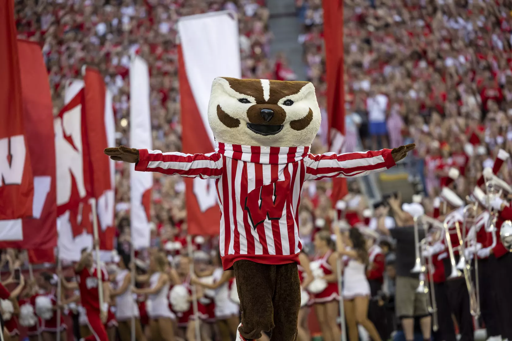 Wisconsin mascot Bucky Badger leads the team out of the locker room and into an electric Camp Randall Stadium before the Badgers' NCAA college football game against the Illinois State Redbirds, Saturday, Sept. 3, 2022 in Madison, Wis.