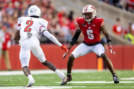 Wisconsin Badgers defensive back Cedric Dort Jr. (5)) defends during an NCAA college football game against the Illinois State Redbirds, Saturday, Sept. 3, 2022 in Madison, Wis. (Photo by David Stluka/Wisconsin Athletic Communications)