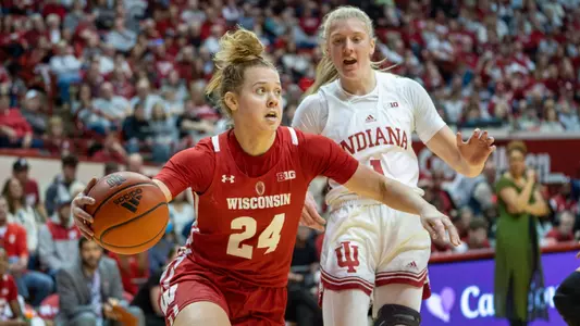 Natalie Leuzinger driving the baseline against an Indiana defender