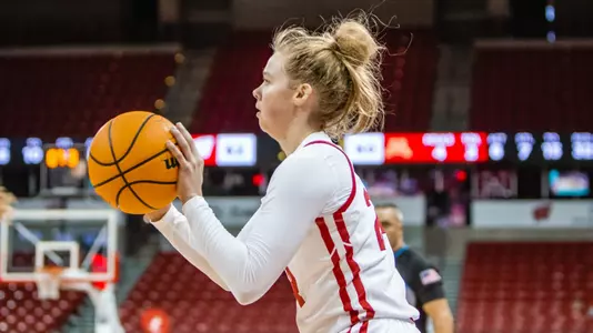 Natalie Leuzinger preparing to shoot the ball against Minnesota
