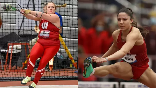 Chloe Lindeman throwing the weight and Destiny Huven running the hurdles.