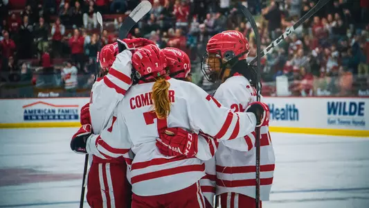 Wisconsin women's hockey celebrates a goal in their win against the Minnesota State Mavericks on Jan. 22, 2023 at LaBahn Arena