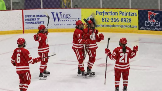 Wisconsin women's hockey celebrates a goal against St. Thomas in a game on Jan. 27, 2023 in Mendota Heights, Minnesota