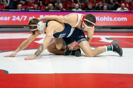Wisconsin wrestler Eric Barnett controls his opponent en route to a 15-0 technical fall against Penn State's Gary Steen on Friday, Jan. 6, 2023 at the UW Field House in Madison, Wis.