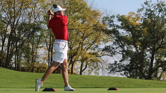 Blake Wisdom, Wisconsin men's golf, tees off Hole 1 to start the 2023 Badger Invitational at University Ridge Golf Course in Madison, Wisconsin on Sunday, October 1, 2023.