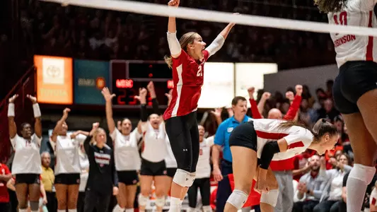 Julia Orzol celebrates as the Badgers beat Michigan at the UW Field House on October 1