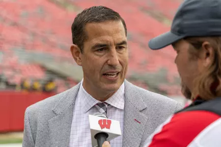 Wisconsin football head coach Luke Fickell speaks with Mark Tauscher for the pre-game radio interview prior to the game versus Iowa on Saturday, October 14, 2023 at Camp Randall Stadium in Madison, Wisconsin.