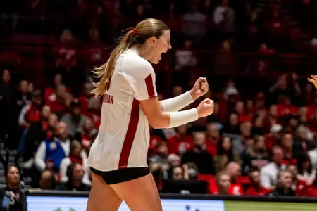 Sarah Franklin celebrates after a Badger point against Rutgers
