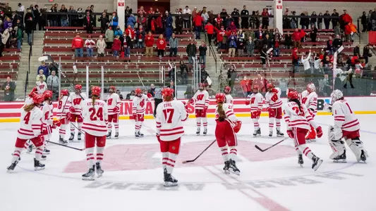 Wisconsin women's hockey celebrates a win over Minnesota State on Oct. 13, 2023