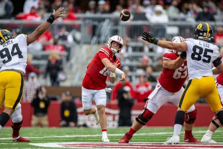 Wisconsin Badgers quarterback Braedyn Locke (18) throws the ball during a Big Ten Conference NCAA college football game against the Iowa Hawkeyes, Saturday, Oct. 14, 2023, in Madison, Wis. The Hawkeyes won 15-6. (Photo by David Stluka/Wisconsin Athletic Communications)