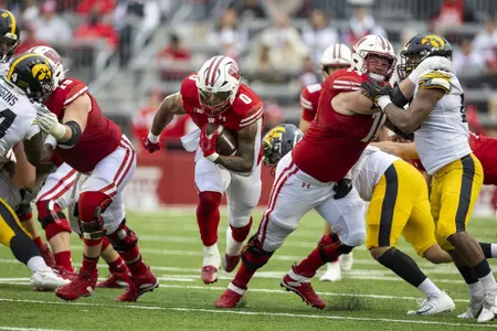 Wisconsin Badgers running back Braelon Allen (0) carries the ball during a Big Ten Conference NCAA college football game against the Iowa Hawkeyes, Saturday, Oct. 14, 2023, in Madison, Wis. The Hawkeyes won 15-6. (Photo by David Stluka/Wisconsin Athletic Communications)