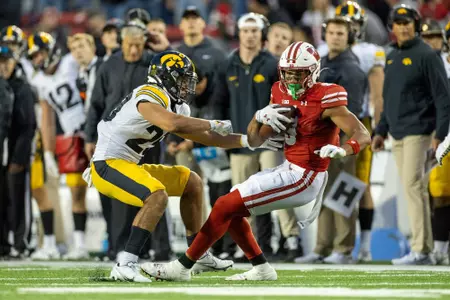 Wisconsin Badgers wide receiver Bryson Green (9) makes a reception during a Big Ten Conference NCAA college football game against the Iowa Hawkeyes, Saturday, Oct. 14, 2023, in Madison, Wis. The Hawkeyes won 15-6. (Photo by David Stluka/Wisconsin Athletic Communications)