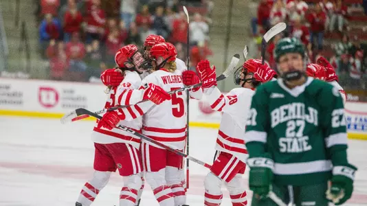 Wisconsin women's hockey celebrates a goal from Katie Kotlowski against Bemidji State on Oct. 20, 2023