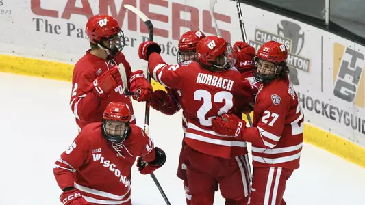 Members of the Wisconsin Men's Hockey team celebrate scoring a goal versus Michigan Tech.
