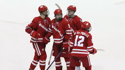 Members of the Wisconsin men's hockey team celebrate scoring a goal versus Michigan Tech.