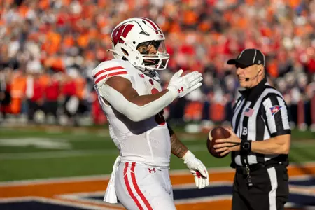 Wisconsin Badgers during a Big Ten Conference NCAA college football game against the Illinois Fighting Illini, Saturday, Oct. 21, 2023, in Champaign, Ill. (Photo by David Stluka/Wisconsin Athletic Communications)