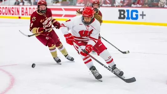 The Badger Women’s Hockey team defeats Boston College 5-3 in the LaBahn Center at the University of Wisconsin- Madison on October 4, 2023. (Photo by Taylor Wolfram / UW-Athletics)