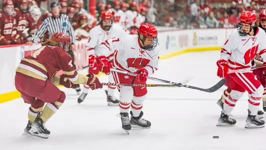 The Badger Women’s Hockey team defeats Boston College 5-3 in the LaBahn Center at the University of Wisconsin- Madison on October 4, 2023. (Photo by Taylor Wolfram / UW-Athletics)