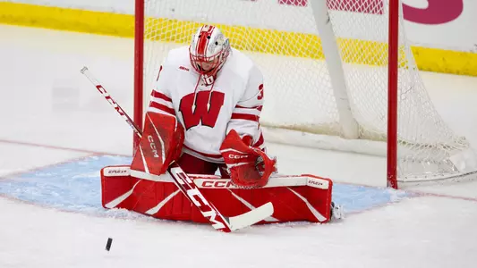 Ava McNaughton blocks a puck against Boston College on Oct. 6, 2023