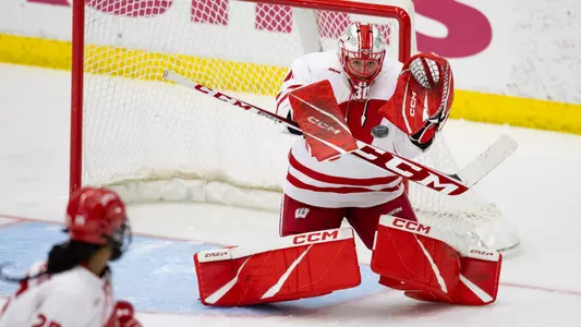 Ava McNaughton blocks a puck against Boston College on Oct. 6, 2023