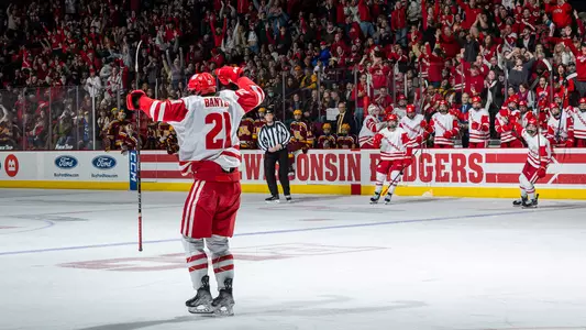 Carson Bantle celebrates a goal against Minnesota