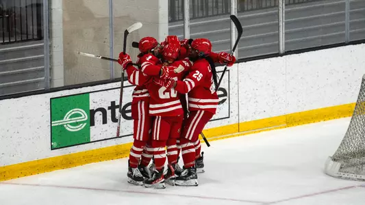 Wisconsin women's hockey celebrates a goal against Lindenwood on Sept. 29, 2023