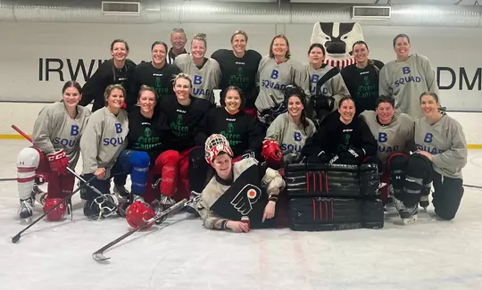 Sharon (Cole) Faust, Wisconsin Women's Hockey alumnus with former teammates playing hockey