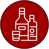Red circle icon with white bottle silhouettes representing Alcohol Sales at UW Athletic Facilities