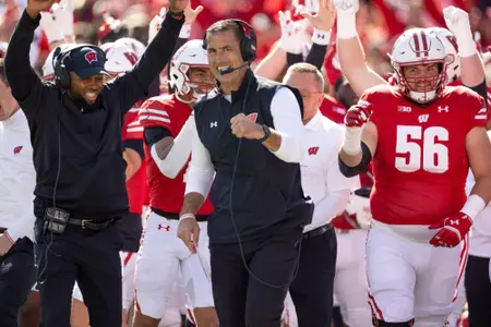 Wisconsin football head coach Luke Fickell celebrates during NCAA game vs. Rutgers at Camp Randall Stadium in Madison, Wisconsin on Saturday, Oct. 7, 2023. The Badgers defeated the Scarlet Knights 24-13.