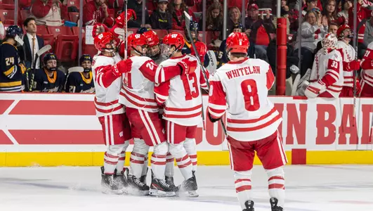 The Wisconsin men's hockey team celebrates a goal.