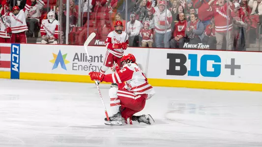 Mathieu De St. Phalle celebrates a goal at the Kohl Center