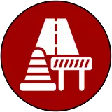 Red icon with white construction cones representing Construction on streets new athletic facilities