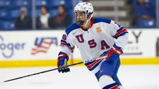 USA Hockey's NTDP defenseman Logan Hensler skates in a game.