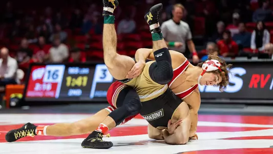 Dean Hamiti upends his Lindenwood opponent during Wisconsin wrestling's home dual match against the Lions on Sunday, Nov. 5, 2023 at the UW Field House in Madison, Wisconsin.