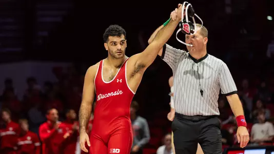 Michael Talshahar wins the 197-pound bout over his opponent during Wisconsin wrestling's home dual vs. Lindenwood on Sunday, Nov. 5, 2023 at the UW Field House in Madison, Wisconsin.