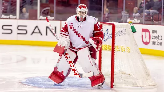 Senior goaltender Kyle McClellan in net for the Badgers.