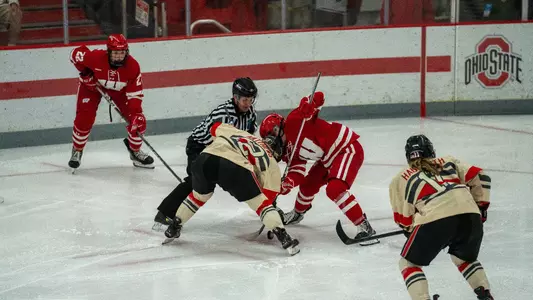 Wisconsin women's hockey prepares to take a faceoff against Ohio State on Nov. 17, 2023