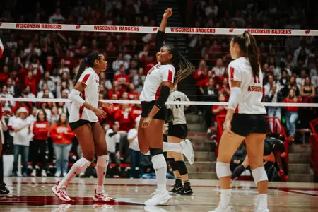 Devyn Robinson celebrates after a kill vs Ohio State