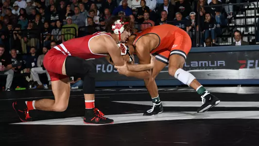 Dean Hamiti wrestles Izzak Olejnik (Oklahoma State) at the 2023 National Wrestling Coaches Association (NWCA) All-Star Classic held at Rec Hall in University Park, Pennsylvania on Tuesday, Nov. 21, 2023. Hamiti lost the bout by an 8-2 decision.
