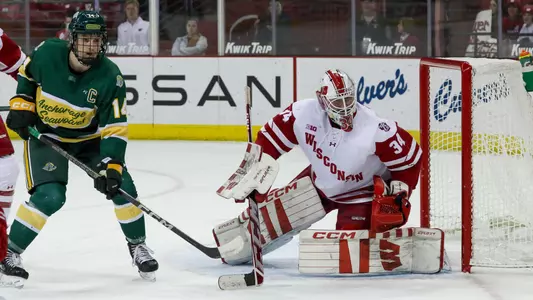 William Gramme ready to make a save in the Badgers net.