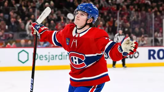 Cole Caufield celebrates scoring a goal for the Montreal Canadiens.