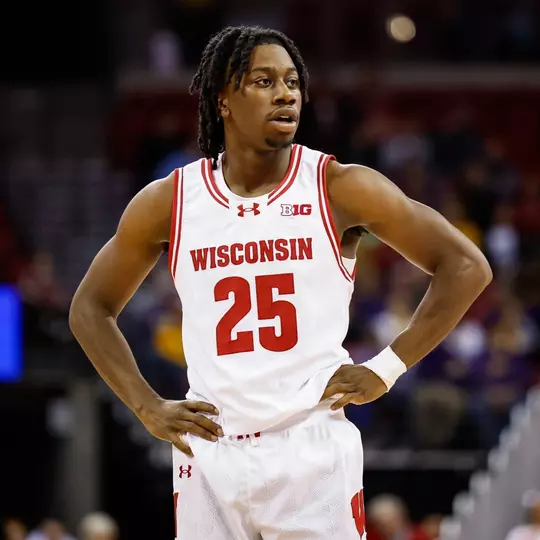 November 1, 2023: Wisconsin Badgers guard John Blackwell (25) during the NCAA basketball game between the University of Wisconsin-Stevens Point Pointers and the Wisconsin Badgers at the Kohl Center in Madison, WI. Darren Lee/CSM (Credit Image: © Darren Lee/Cal Sport Media)